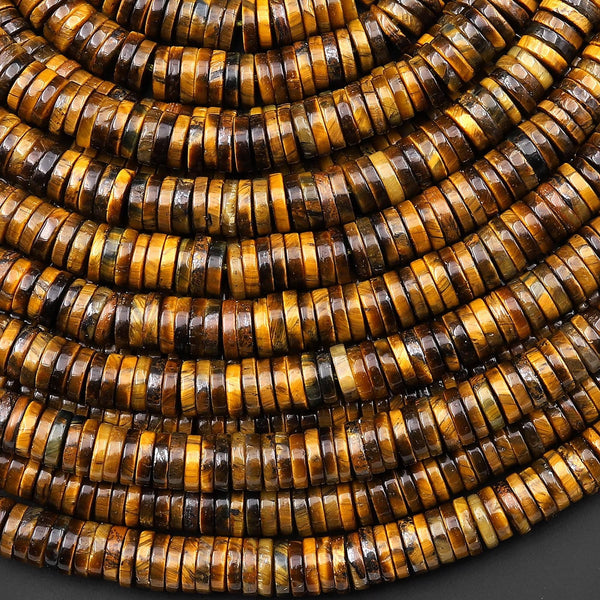 Natural Golden Brown Tiger's Eye 6mm Smooth Thin Heishi Beads 15.5" Strand