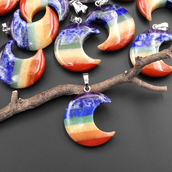 AAA Rainbow Chakra Crystal Crescent Moon Pendant Healing Natural Gemstone Jewelry