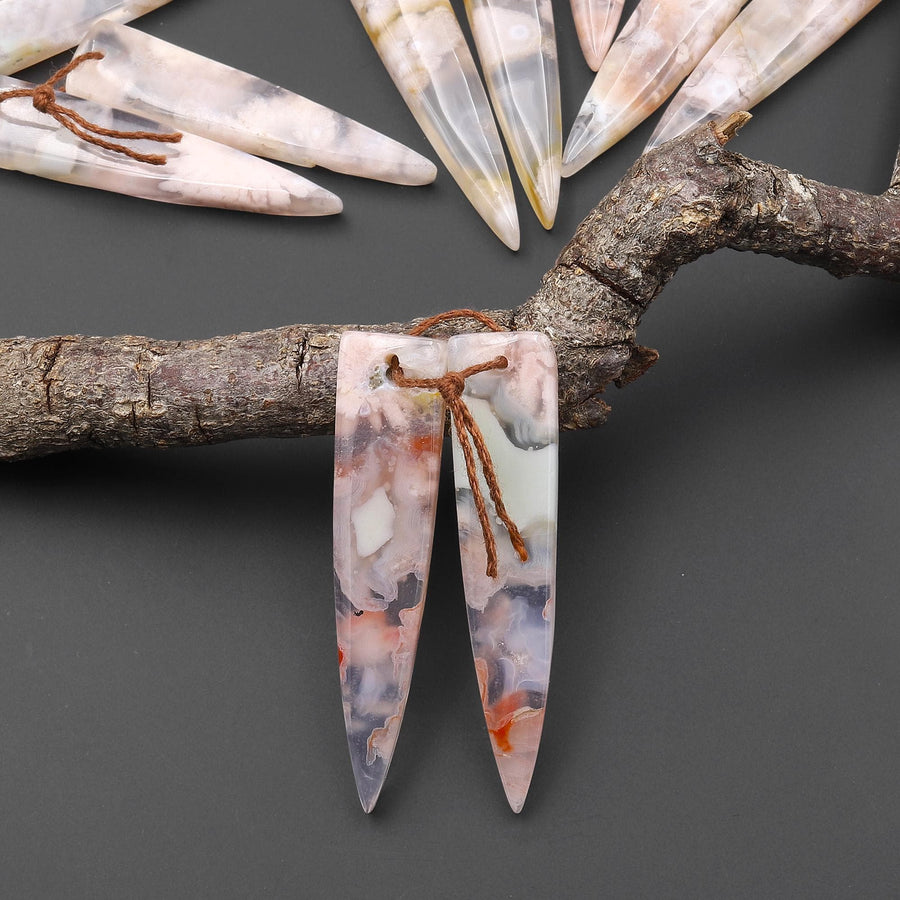 Natural Cherry Blossom Agate Earring Matched Dagger Triangle Gemstone Bead Pair Aka Flower Agate
