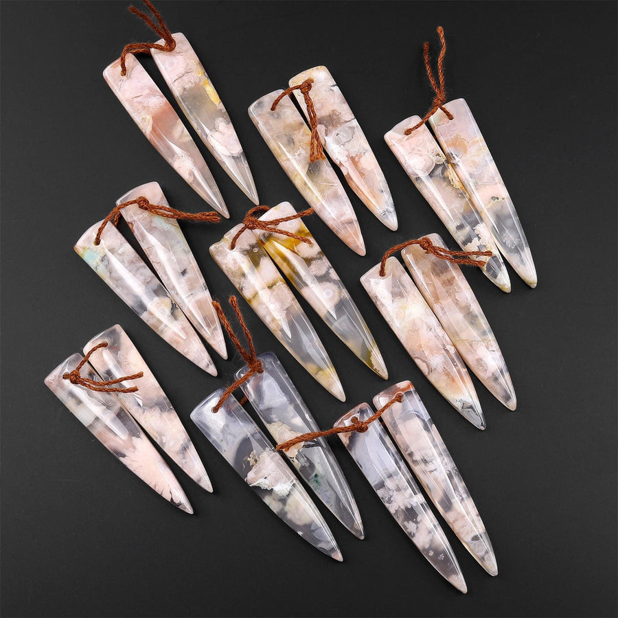 Natural Cherry Blossom Agate Earring Matched Dagger Triangle Gemstone Bead Pair Aka Flower Agate