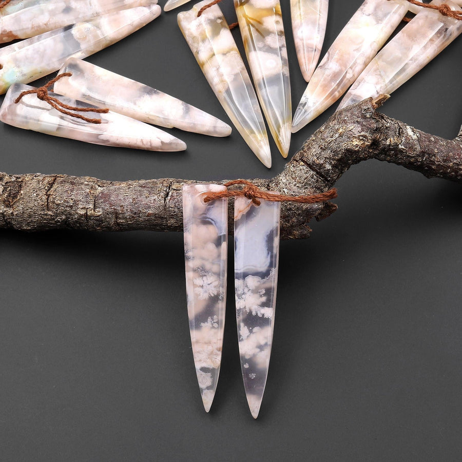 Natural Cherry Blossom Agate Earring Matched Dagger Triangle Gemstone Bead Pair Aka Flower Agate