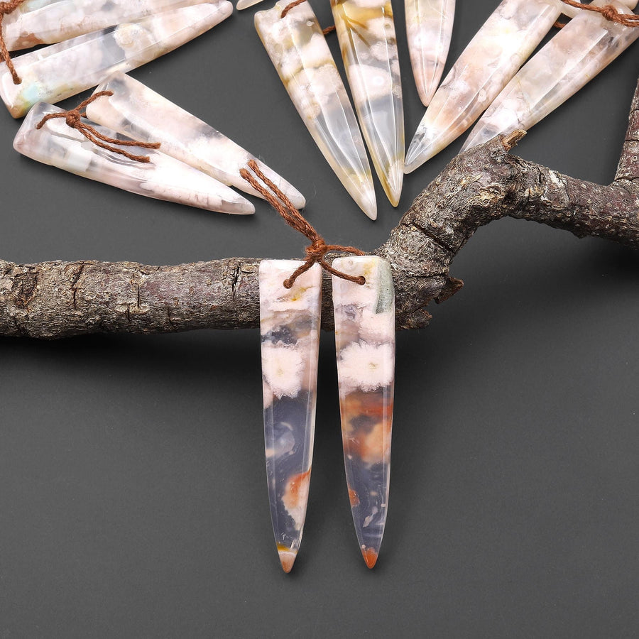 Natural Cherry Blossom Agate Earring Matched Dagger Triangle Gemstone Bead Pair Aka Flower Agate