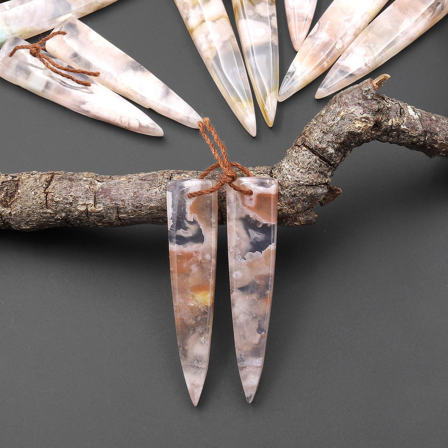Natural Cherry Blossom Agate Earring Matched Dagger Triangle Gemstone Bead Pair Aka Flower Agate