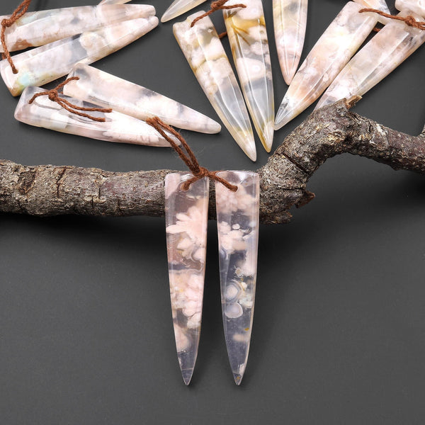 Natural Cherry Blossom Agate Earring Pair Drilled Matched Dagger Triangle Gemstone Bead Pair Aka Flower Agate A12