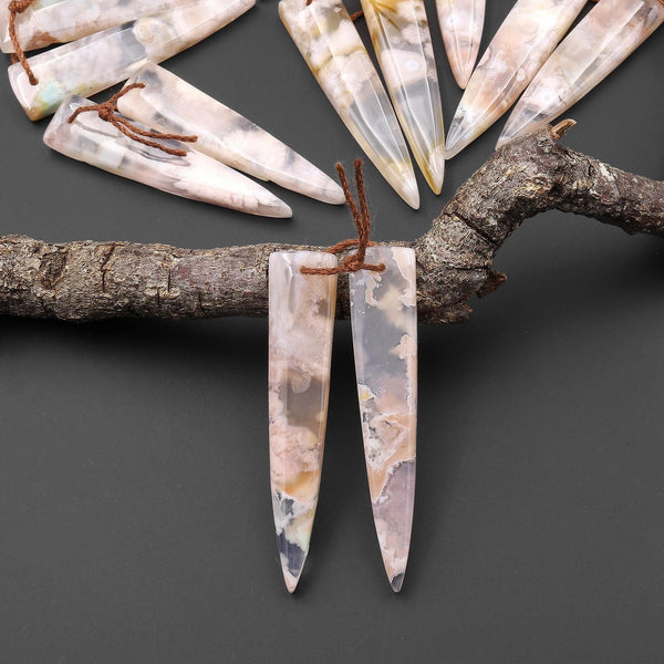 Natural Cherry Blossom Agate Earring Pair Drilled Matched Dagger Triangle Gemstone Bead Pair Aka Flower Agate A6