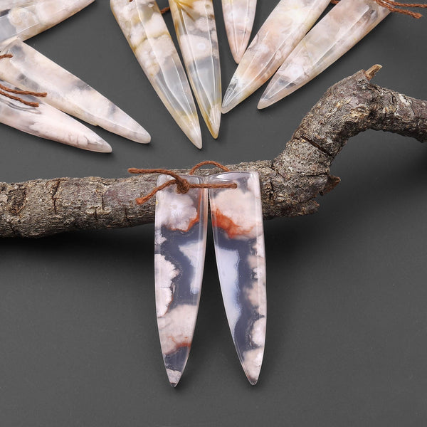 Natural Cherry Blossom Agate Earring Pair Drilled Matched Dagger Triangle Gemstone Bead Pair Aka Flower Agate A8