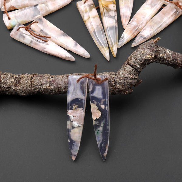 Natural Cherry Blossom Agate Earring Pair Drilled Matched Dagger Triangle Gemstone Bead Pair Aka Flower Agate A22