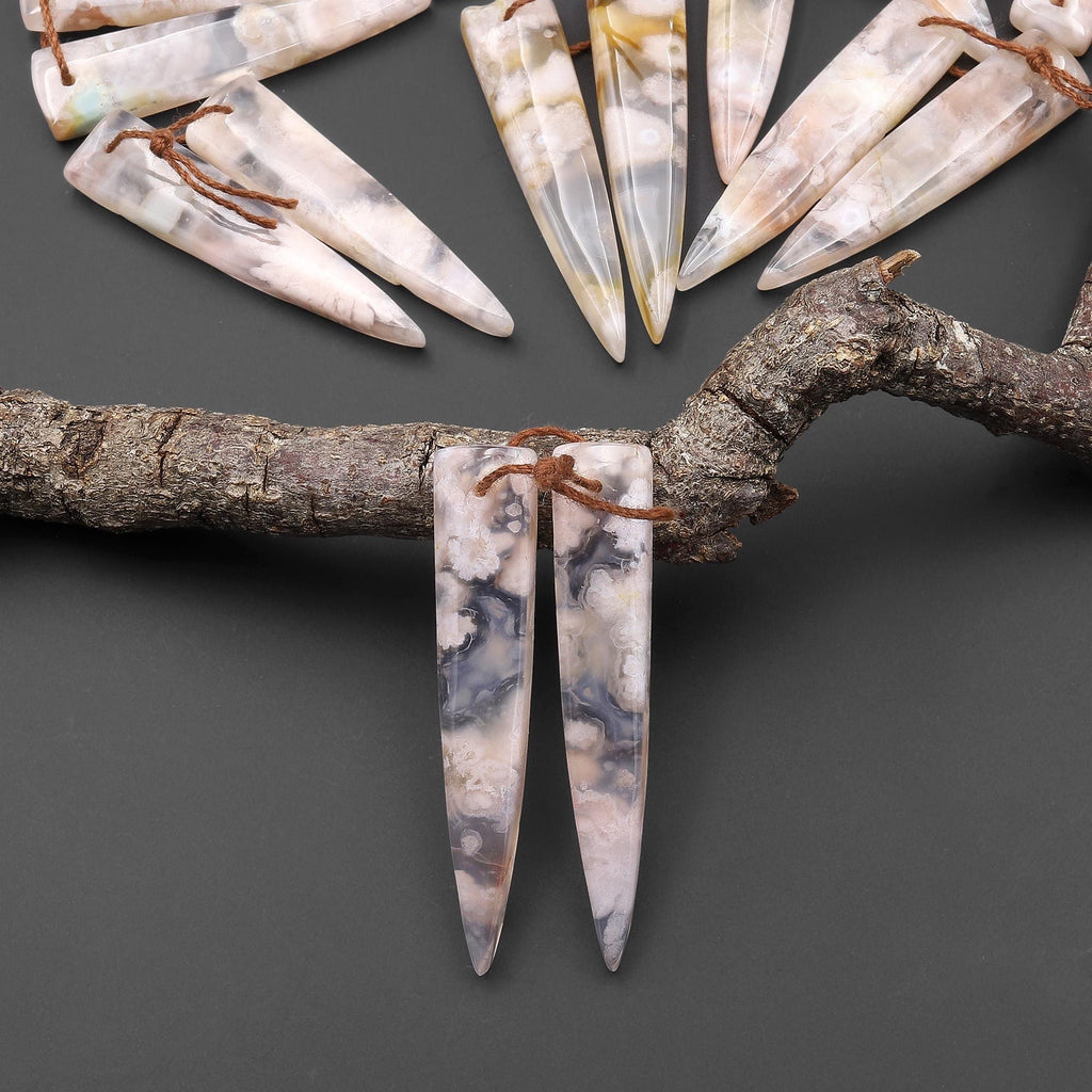 Natural Cherry Blossom Agate Earring Pair Drilled Matched Dagger Triangle Gemstone Bead Pair Aka Flower Agate A33