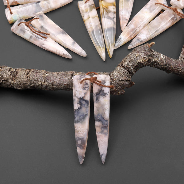 Natural Cherry Blossom Agate Earring Pair Drilled Matched Dagger Triangle Gemstone Bead Pair Aka Flower Agate A33