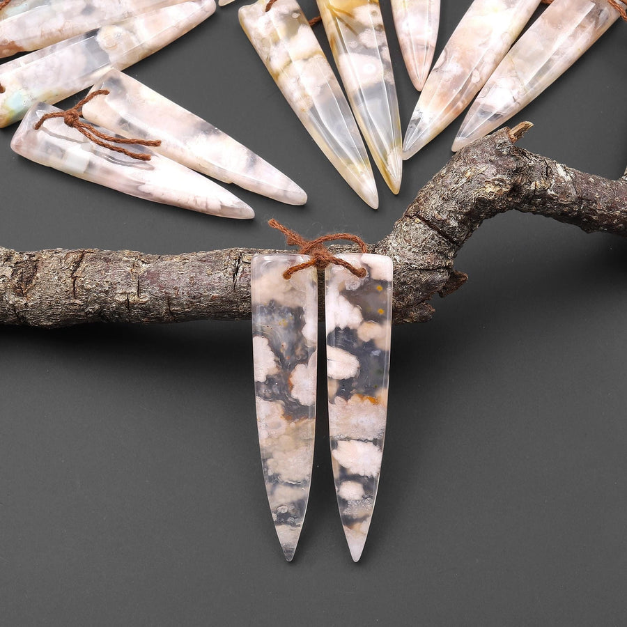 Natural Cherry Blossom Agate Earring Matched Dagger Triangle Gemstone Bead Pair Aka Flower Agate