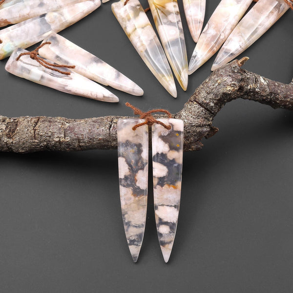 Natural Cherry Blossom Agate Earring Matched Dagger Triangle Gemstone Bead Pair Aka Flower Agate