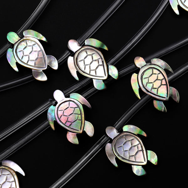 AAA Iridescent Carved Natural Black Mother of Pearl Sea Turtle Top Side Drilled Beads Strand