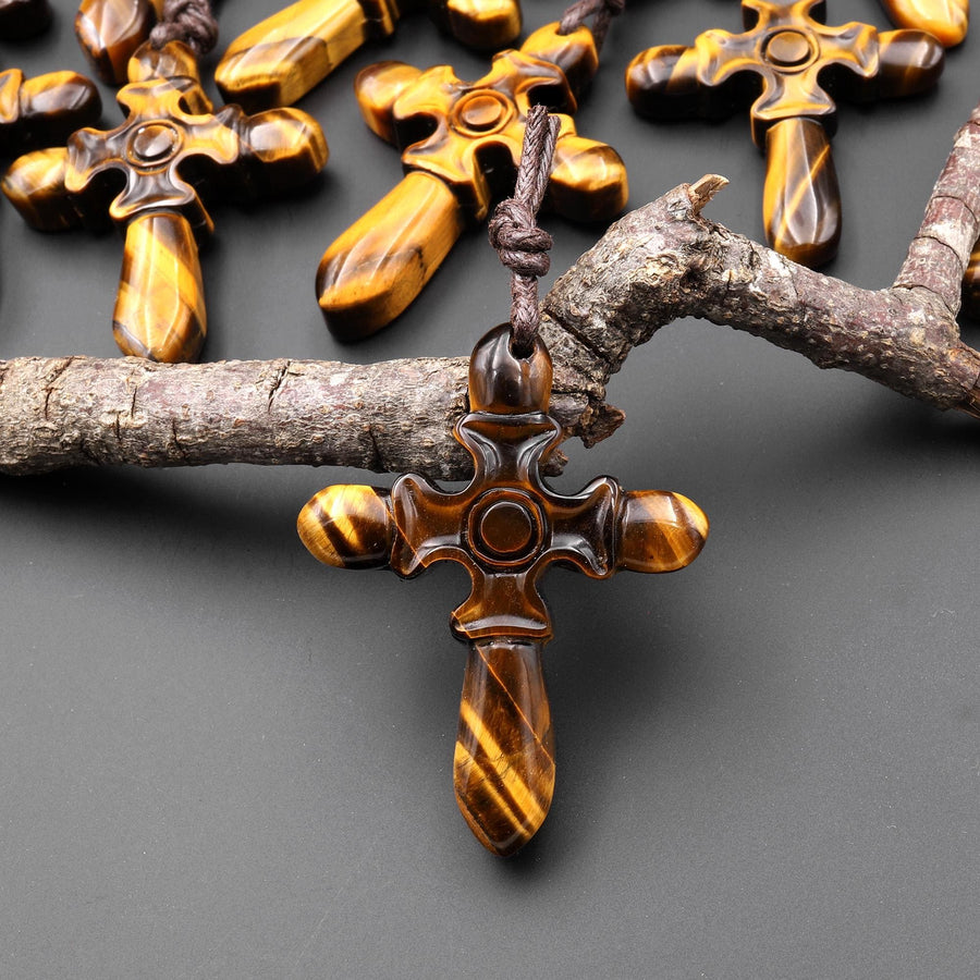 AAA Hand Carved Natural Golden Tiger's Eye Cross Pendant Gemstone Focal Bead
