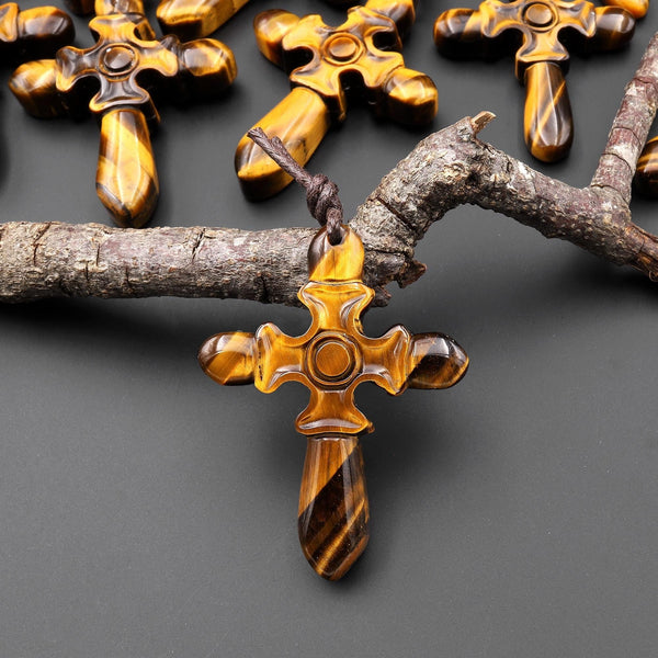 AAA Hand Carved Natural Golden Tiger's Eye Cross Pendant Gemstone Focal Bead