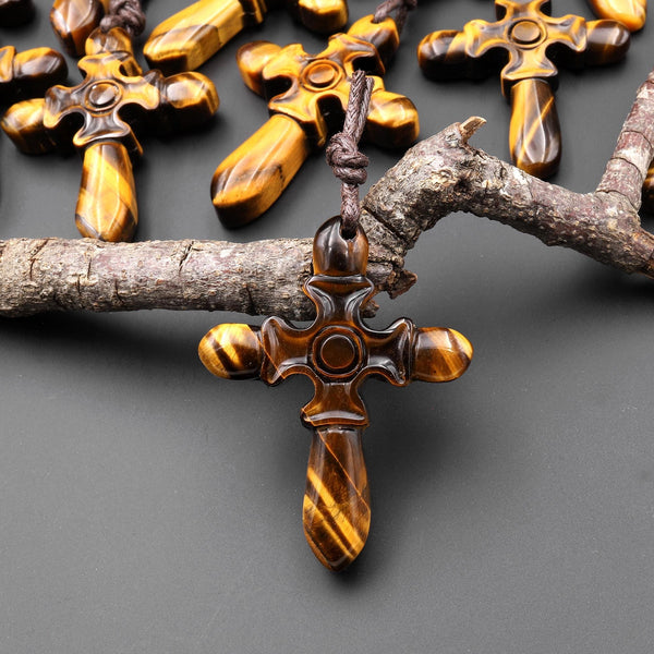 AAA Hand Carved Natural Golden Tiger's Eye Cross Pendant Gemstone Focal Bead A2