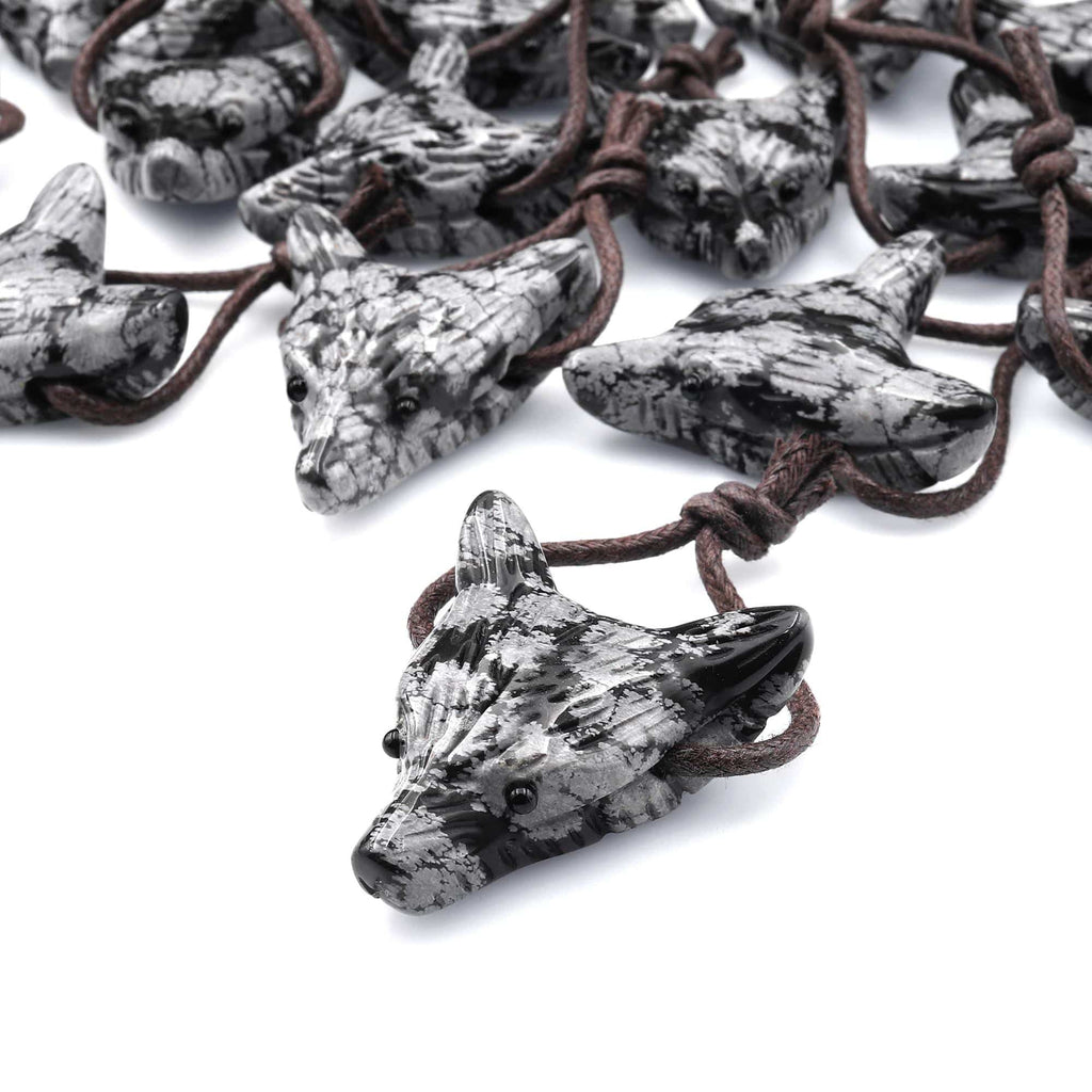 Natural Snowflake Obsidian Gemstone Wolf Head Side Drilled Crystal Pendant Bead