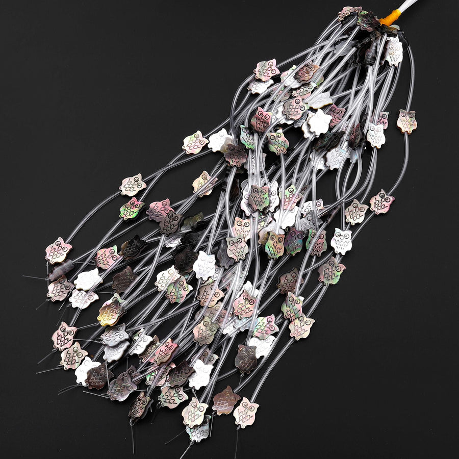 AAA Iridescent Carved Natural Black Mother of Pearl Owl Beads Strand