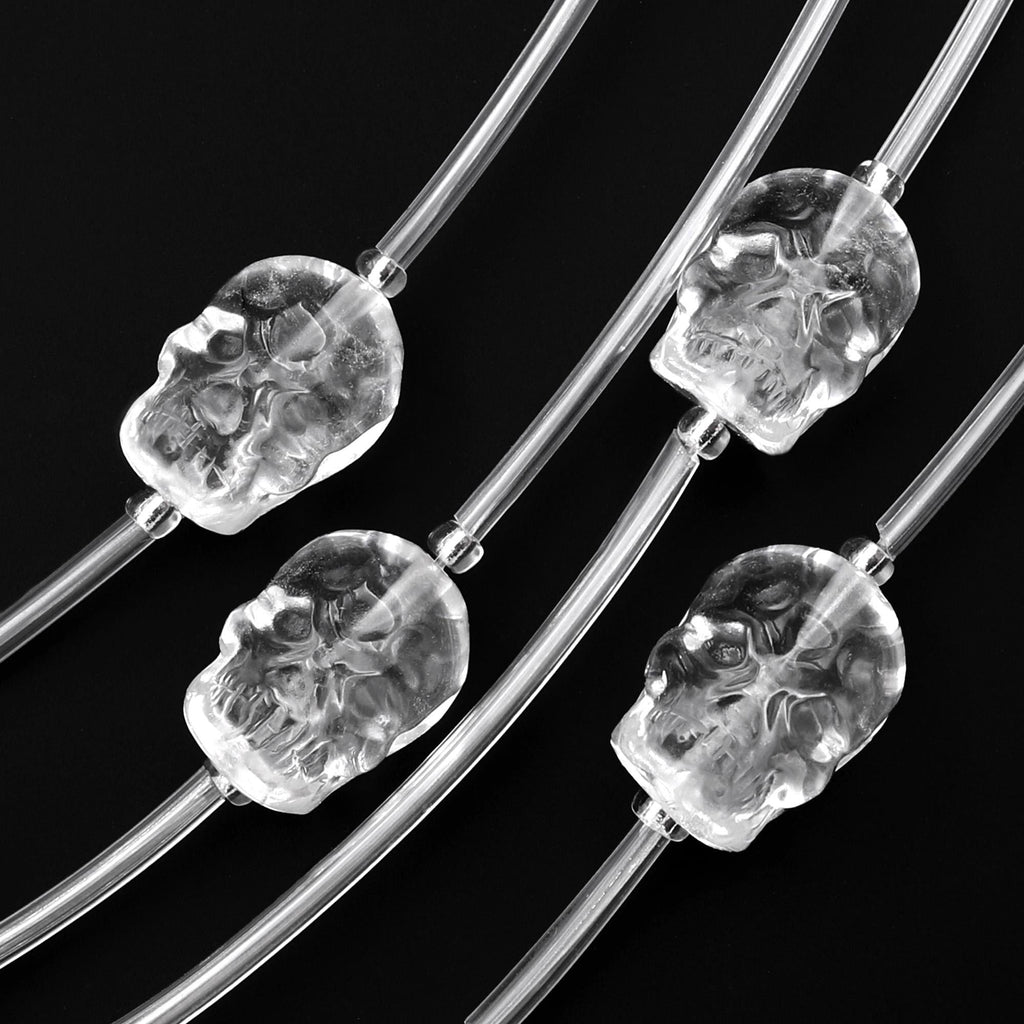 Natural Clear Rock Quartz Crystal Hand Carved Skull Head Gemstone Beads