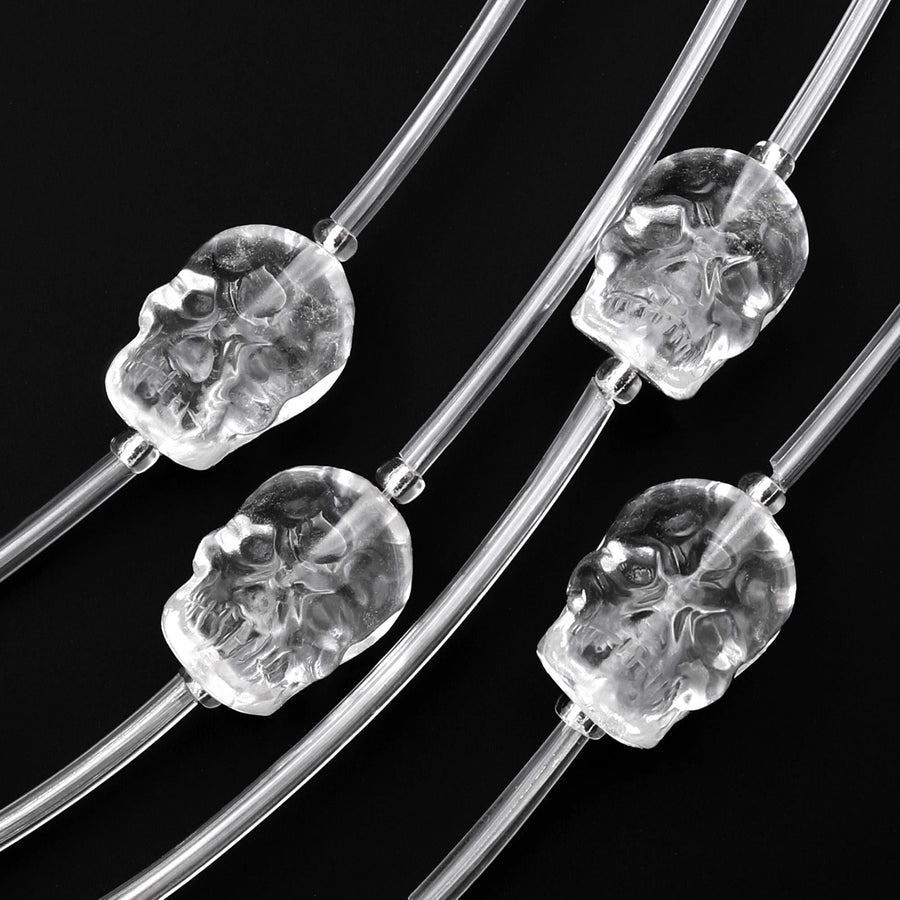 Natural Clear Rock Quartz Crystal Hand Carved Skull Head Gemstone Beads