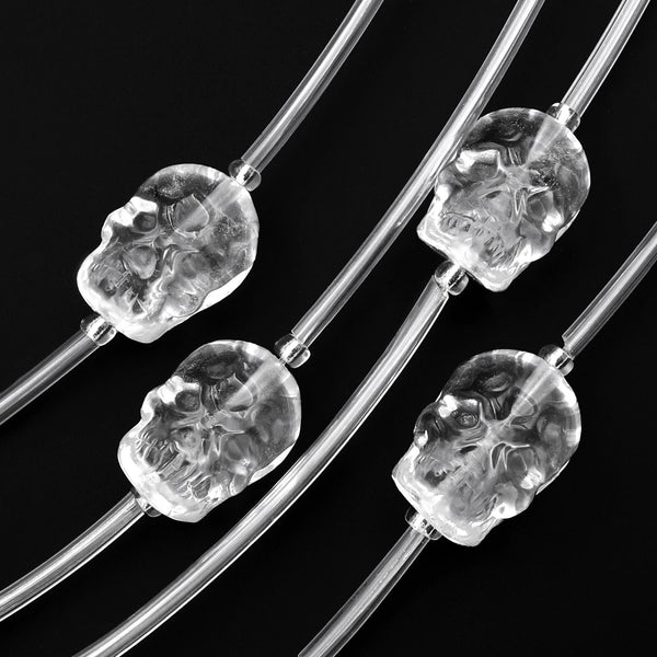 Natural Clear Rock Quartz Crystal Hand Carved Skull Head Gemstone Beads