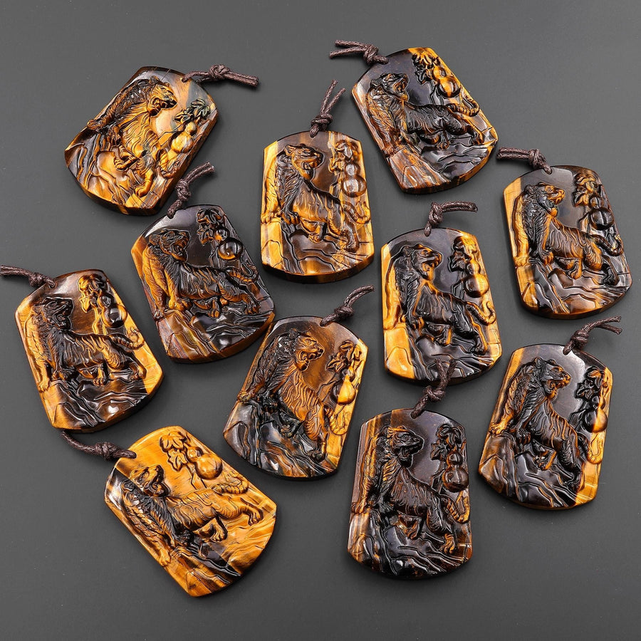 AAA Hand Carved Natural Tiger's Eye Roaring Tiger Pendant Gemstone Focal Bead