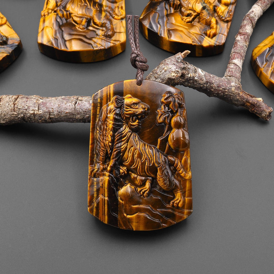 AAA Hand Carved Natural Tiger's Eye Roaring Tiger Pendant Gemstone Focal Bead