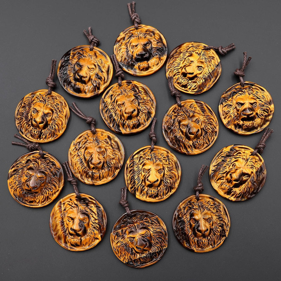 AAA Hand Carved Natural Tiger's Eye Lion Head Medallion Amulet Pendant Gemstone Focal Bead