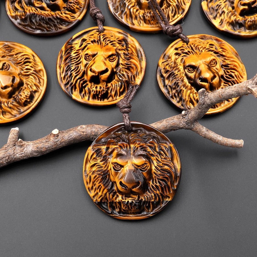 AAA Hand Carved Natural Tiger's Eye Lion Head Medallion Amulet Pendant Gemstone Focal Bead