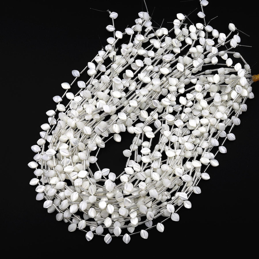 AAA Iridescent Natural White Mother of Pearl Top Side Drilled Beads Teardrop Leaf Shape 15.5" Strand