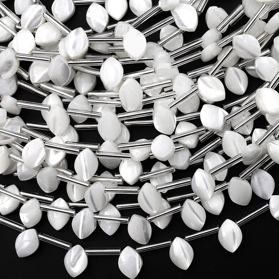 AAA Iridescent Natural White Mother of Pearl Top Side Drilled Beads Teardrop Leaf Shape 15.5" Strand