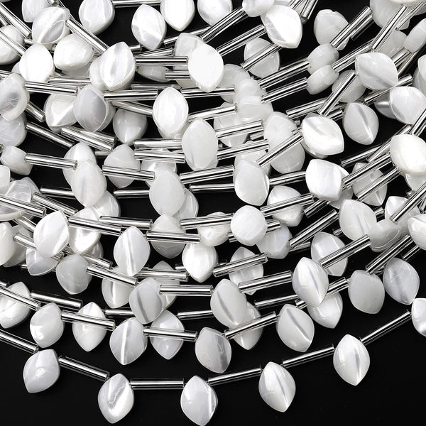 AAA Iridescent Natural White Mother of Pearl Top Side Drilled Beads Teardrop Leaf Shape 15.5" Strand