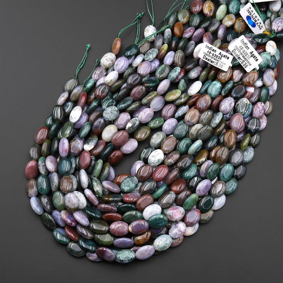 Natural Indian Agate Smooth Oval Beads Aka Green Red Bloodstone 15.5" Strand
