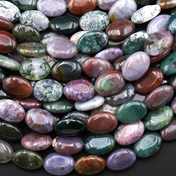 Natural Indian Agate Smooth Oval Beads Aka Green Red Bloodstone 15.5" Strand