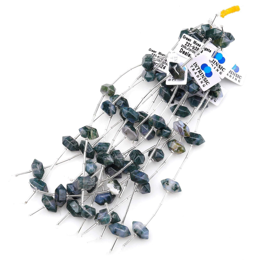 AAA Hand Cut Natural Moss Agate 13mm 18mm Beads Faceted Double Terminated Points Center Drilled Healing Gemstone 8" Strand