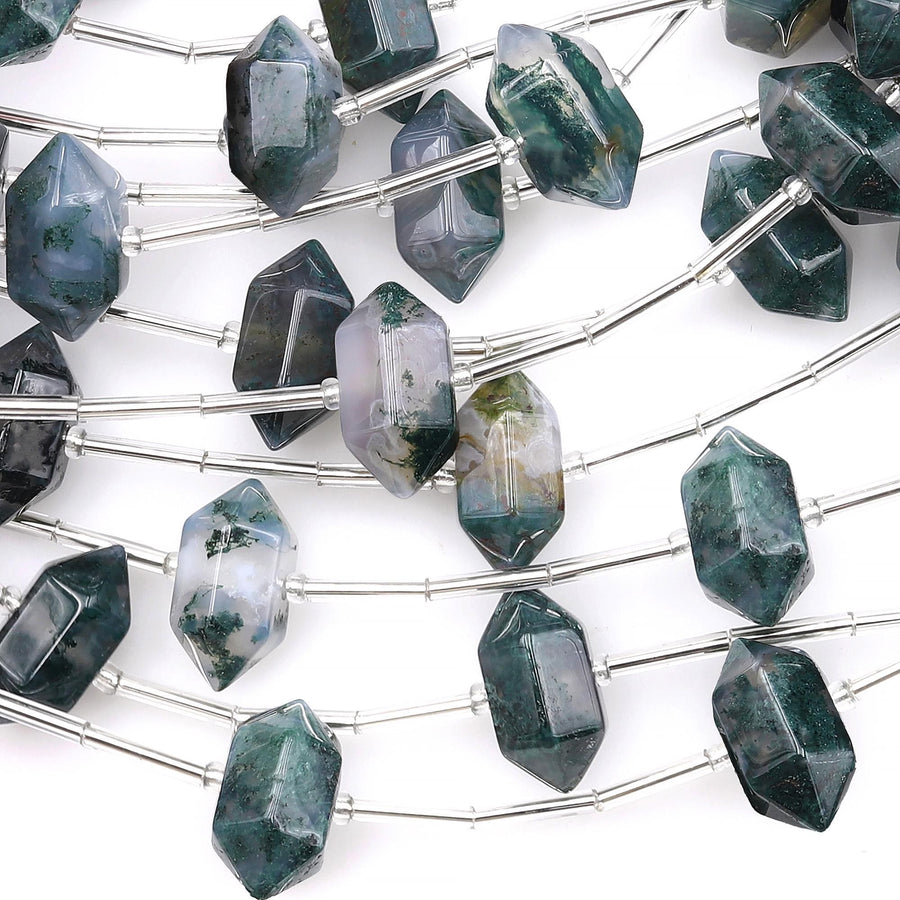 AAA Hand Cut Natural Moss Agate 13mm 18mm Beads Faceted Double Terminated Points Center Drilled Healing Gemstone 8" Strand