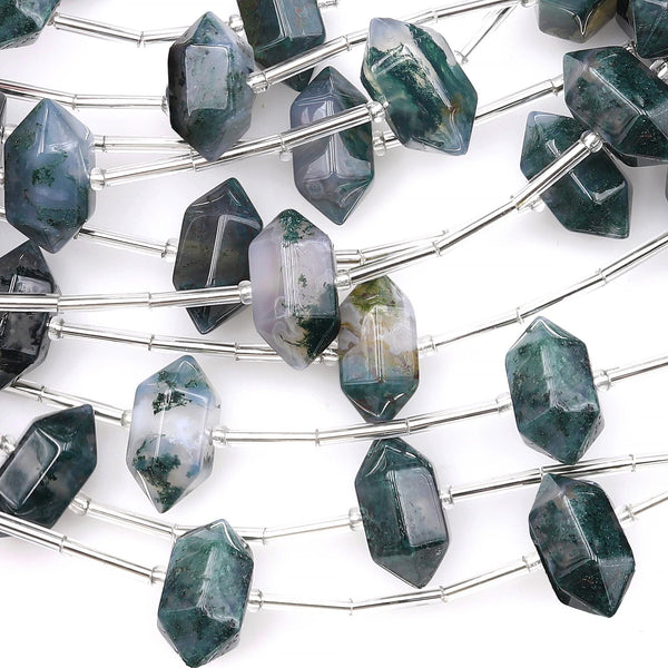 AAA Hand Cut Natural Moss Agate 13mm 18mm Beads Faceted Double Terminated Points Center Drilled Healing Gemstone 8" Strand