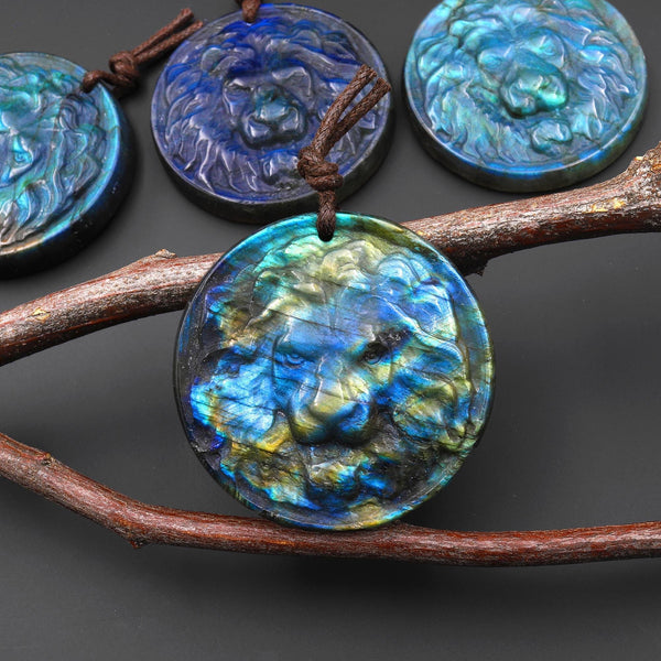 Hand Carved Natural Blue Golden Labradorite Lion Face Head Medallion Amulet Pendant Drilled Gemstone Focal Bead A5