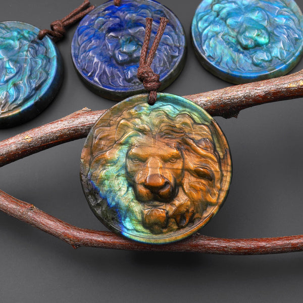 Hand Carved Natural Blue Golden Labradorite Lion Face Head Medallion Amulet Pendant Drilled Gemstone Focal Bead A6
