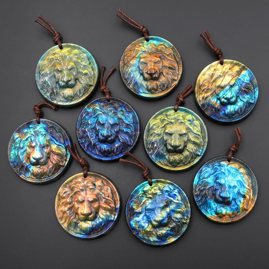 Hand Carved Natural Blue Golden Labradorite Lion Face Head Medallion Amulet Pendant 38mm 50mm Drilled Gemstone Focal Bead