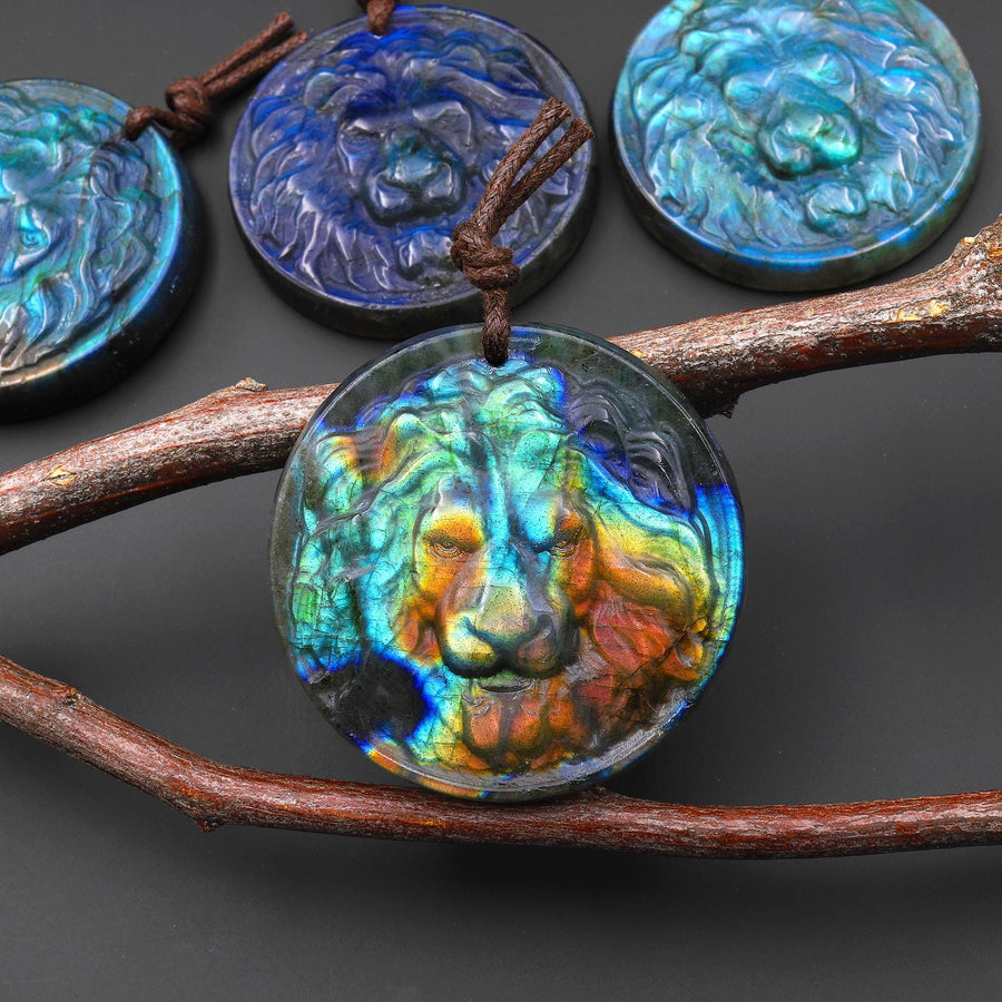 Hand Carved Natural Blue Golden Labradorite Lion Face Head Medallion Amulet Pendant 38mm 50mm Drilled Gemstone Focal Bead