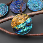 Hand Carved Natural Blue Golden Labradorite Lion Face Head Medallion Amulet Pendant 38mm 50mm Drilled Gemstone Focal Bead