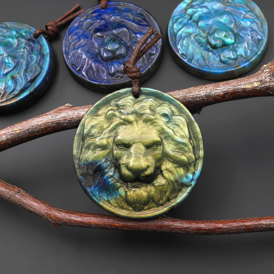 Hand Carved Natural Blue Golden Labradorite Lion Face Head Medallion Amulet Pendant 38mm 50mm Drilled Gemstone Focal Bead