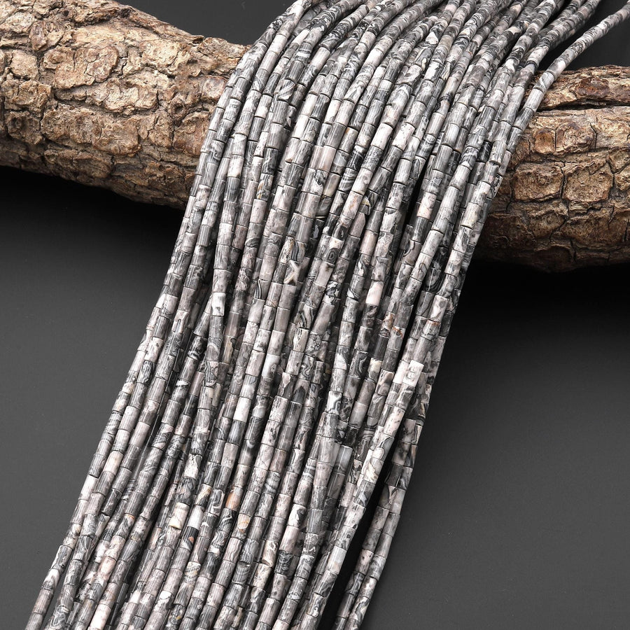 Natural Gray Map Jasper 4x2mm Small Thin Smooth Spacer Tube Beads 15.5" Strand