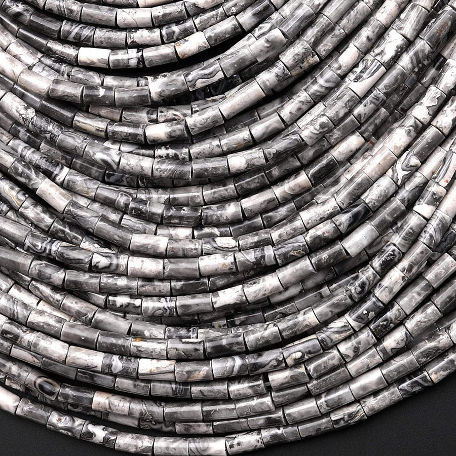 Natural Gray Map Jasper 4x2mm Small Thin Smooth Spacer Tube Beads 15.5" Strand