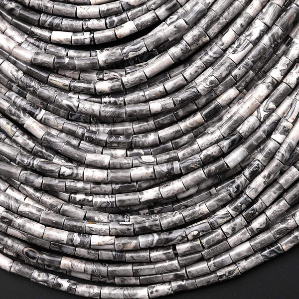 Natural Gray Map Jasper 4x2mm Small Thin Smooth Spacer Tube Beads 15.5" Strand