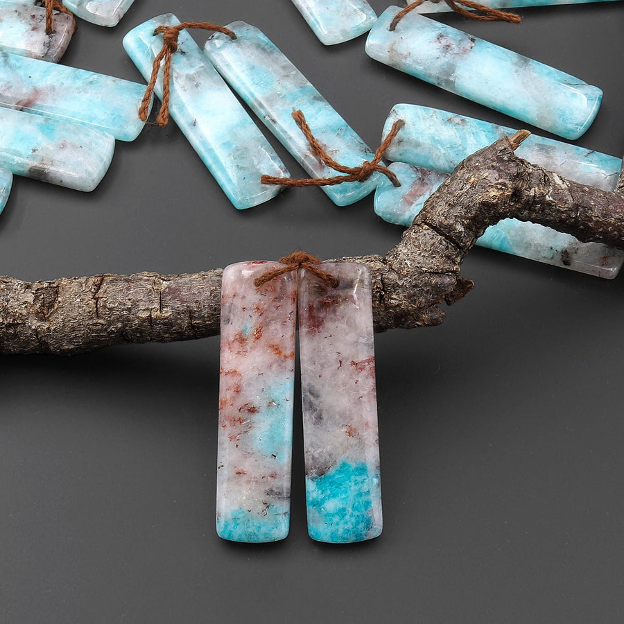 Natural Madagascar Blue Amazonite Rectangle Earring Drilled Matched Gemstone Bead Pair