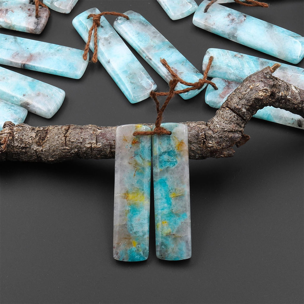 Natural Madagascar Blue Amazonite Rectangle Earring Drilled Matched Gemstone Bead Pair A3