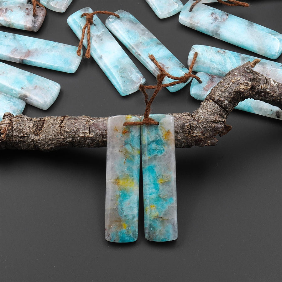 Natural Madagascar Blue Amazonite Rectangle Earring Drilled Matched Gemstone Bead Pair A3