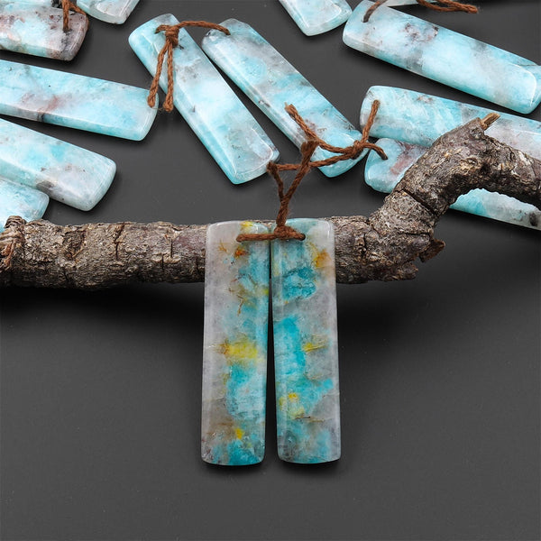 Natural Madagascar Blue Amazonite Rectangle Earring Drilled Matched Gemstone Bead Pair A3