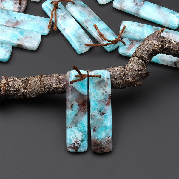 Natural Madagascar Blue Amazonite Rectangle Earring Drilled Matched Gemstone Bead Pair A10
